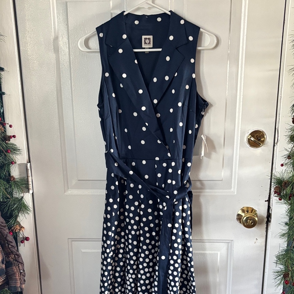 Anne Klein Navy and White Polka Dot Midi Dress